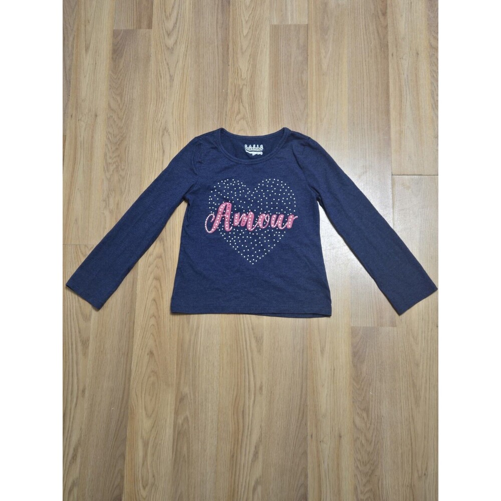 Basic Editions Girls Navy Blue Long Sleeve Amour Heart Shirt M 7-8